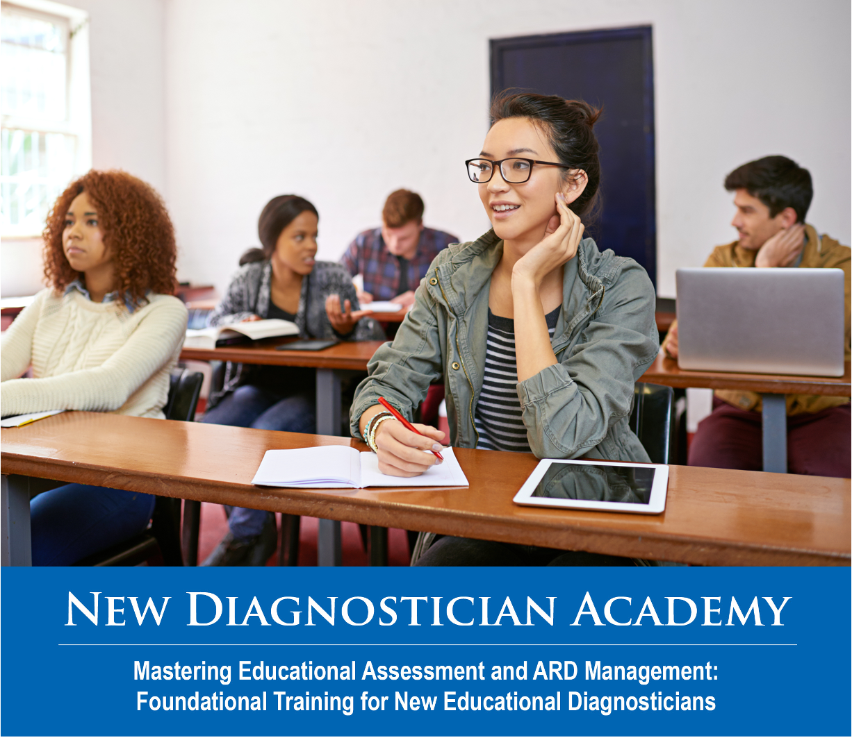 Photo of adult learners in a lecture hall.  New Diagnostician Academy.  Mastering Educational Assessment and ARD Management.